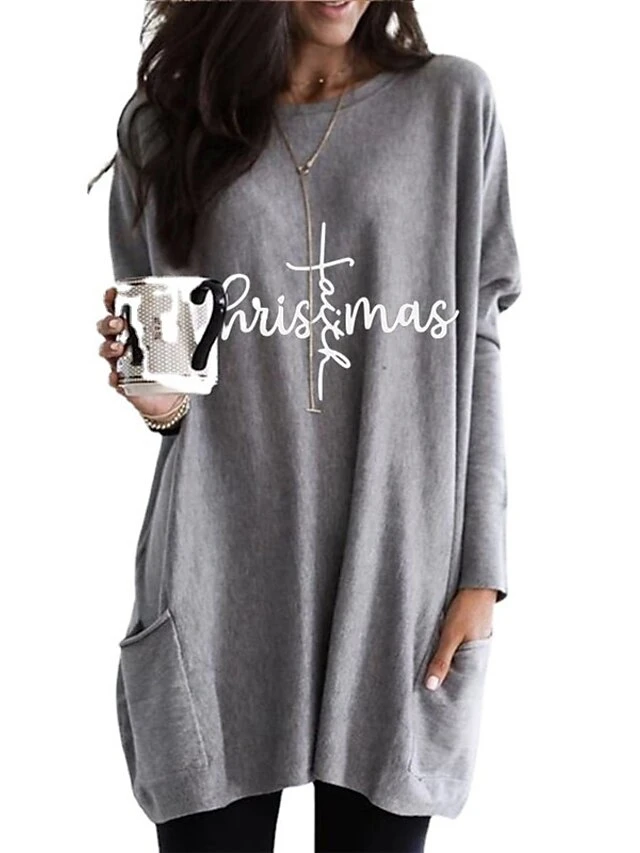 Women's Christmas Casual Dress T Shirt Dress Tee Dress Shift Dress Mini Dress Green Wine Dark Gray Long Sleeve Letter Pocket Winter Fall Autumn Crew Neck Fashion Daily Date Loose Fit 2022 XXS XS S M 5 Women's Christmas Casual Dress T Shirt Dress Tee Dress Shift Dress Mini Dress Green Wine Dark Gray Long Sleeve Letter Pocket Winter Fall Autumn Crew Neck Fashion Daily Date Loose Fit 2022 XXS XS S M - Image 5