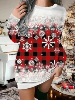 Women‘s Christmas Sweatshirt Dress Shift Dress Navy Blue White Long Sleeve Plaid Print Winter Fall Autumn Fashion Daily Loose Fit 2022 S M L XL XXL 3XL