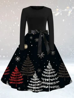Women's Casual Dress Christmas Dress Sheath Dress Santa Claus Christmas Tree Lace Up Print Crew Neck Midi Dress Active Fashion Outdoor Christmas Long Sleeve Loose Fit Light Yellow Yellow Red Fall S M -Fashion Life Shop okwlms1694764290076