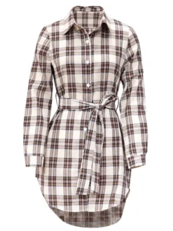 Women's Casual Dress Christmas Dress Shirt Dress Plaid Belted Asymmetrical Shirt Collar Mini Dress Fashion Streetwear Party Christmas Long Sleeve Regular Fit White Red Green Fall Winter S M L XL XXL -Fashion Life Shop okxaws1694500014526