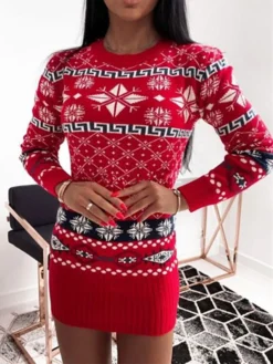 Women‘s Christmas Sweater Dress Jumper Dress Winter Dress Warm Geometric Plaid Print Outdoor Christmas Casual Daily Crew Neck Long Sleeve 2023 Regular Fit Red Blue Apricot S M L XL