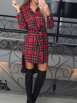 Women's Casual Dress Christmas Dress Shirt Dress Plaid Belted Asymmetrical Shirt Collar Mini Dress Fashion Streetwear Party Christmas Long Sleeve Regular Fit White Red Green Fall Winter S M L XL XXL -Fashion Life Shop olkczu1694499997461