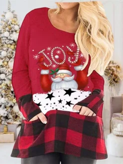 Women's Plus Size Christmas T Shirt Dress Tee Dress Plaid Crew Neck Print Long Sleeve Spring Fall Casual Mini Dress Daily Dress -Fashion Life Shop ologzl1668152056644