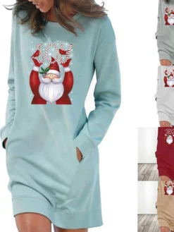 Women's Christmas Hoodie Dress Winter Dress Light Blue Grey White Long Sleeve Letter Santa Claus Pocket Print Winter Fall Crew Neck Stylish Casual Fall Dress Loose Fit 2022 S M L XL 2XL / Cotton