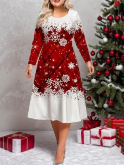 Women's Plus Size Curve Casual Dress Winter Dress Skater Dress Christmas Tree Snowflake Midi Dress Long Sleeve Print Crew Neck Fashion Outdoor White Wine Fall Winter L XL XXL 3XL 4XL