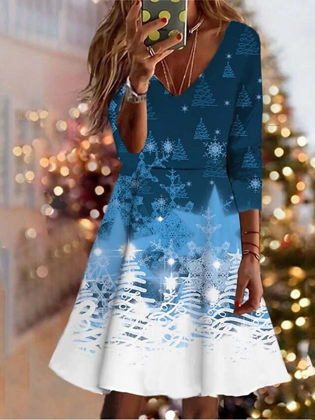 Women's Christmas Swing Dress Vintage Dress Mini Dress Wine Light Red Dark Blue Long Sleeve Deer Patchwork Winter Fall Autumn V Neck Vacation 2022 S M L XL XXL 3XL 4XL 5XL 6XL 3 Women's Christmas Swing Dress Vintage Dress Mini Dress Wine Light Red Dark Blue Long Sleeve Deer Patchwork Winter Fall Autumn V Neck Vacation 2022 S M L XL XXL 3XL 4XL 5XL 6XL - Image 3