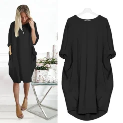 Women's Casual Dress T Shirt Dress Tee Dress Shift Dress Midi Dress Black White Blue 3/4 Length Sleeve Pure Color Pocket Summer Spring Crew Neck Basic Winter Dress Christmas Vacation 2023 S M L XL