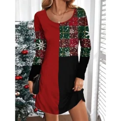 Women's Casual Dress Christmas Dress T Shirt Dress Tee Dress Plaid Color Block Print V Neck Mini Dress Fashion Streetwear Outdoor Christmas Long Sleeve Loose Fit White Wine Fall Winter S M L XL XXL