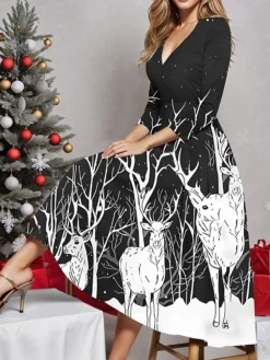 Women's Casual Dress Christmas Dress Winter Dress Deer Print V Neck Midi Dress Fashion Streetwear Outdoor Christmas 3/4 Length Sleeve Regular Fit Black Red Blue Fall Winter S M L XL XXL 5 Women's Casual Dress Christmas Dress Winter Dress Deer Print V Neck Midi Dress Fashion Streetwear Outdoor Christmas 3/4 Length Sleeve Regular Fit Black Red Blue Fall Winter S M L XL XXL -Fashion Life Shop onydob1697194536242