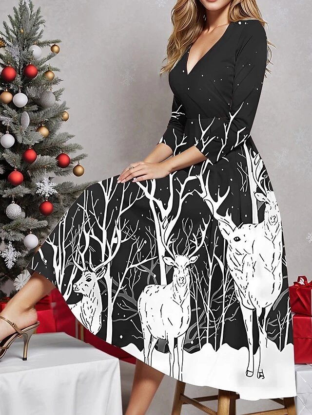 Women's Casual Dress Christmas Dress Winter Dress Deer Print V Neck Midi Dress Fashion Streetwear Outdoor Christmas 3/4 Length Sleeve Regular Fit Black Red Blue Fall Winter S M L XL XXL 3 Women's Casual Dress Christmas Dress Winter Dress Deer Print V Neck Midi Dress Fashion Streetwear Outdoor Christmas 3/4 Length Sleeve Regular Fit Black Red Blue Fall Winter S M L XL XXL - Image 3