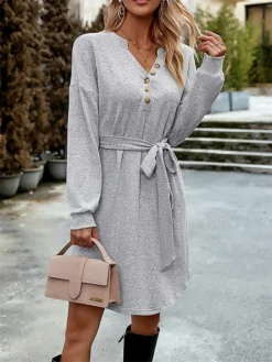 Women‘s Christmas Sweater Dress Jumper Dress Winter Dress Basic Christmas Street Daily Weekend V Neck Long Sleeve Lace Up Button 2023 Regular Fit Black Red Blue S M L XL -Fashion Life Shop oobani1692340846555