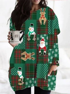 Women‘s Plus Size Christmas Dress Casual Dress Color Block Long Sleeve Winter Fall Casual Festival Mini Dress Going Out Dress