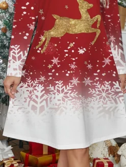 Women's Casual Dress Christmas Dress Winter Dress Reindeer Snowflake Print Scalloped Neck Mini Dress Fashion Streetwear Outdoor Christmas Long Sleeve Regular Fit Wine Fall Winter S M L XL XXL -Fashion Life Shop opglvv1697612936336