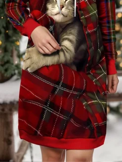 Women's Christmas Dress Hoodie Dress Mini Dress Warm Fashion Outdoor Christmas Holiday Hoodie Print Geometric Cat Loose Fit Wine S M L XL XXL -Fashion Life Shop ormegx1697633947996