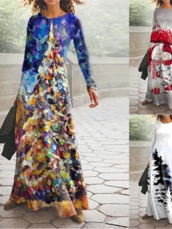 Women's Christmas Casual Dress Swing Dress Blue Gray White Long Sleeve Snowman Tree Pocket Print Winter Fall V Neck Vacation Casual Fall Dress 2022 S M L XL XXL 3XL / Winter Dress