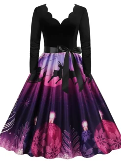 Women's Christmas Party Dress Swing DressKnee Length Dress Green Purple Wine Red Black Long Sleeve Santa Claus Elk Snowman Print Fall Winter V Neck Vintage Party Elegant Party 2022 S M L XL XXL 3XL -Fashion Life Shop othiti1665475511599