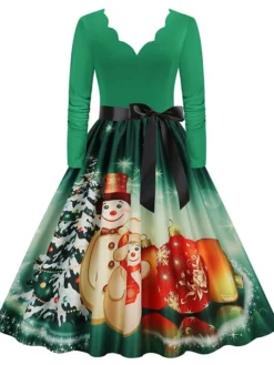 Women's Christmas Party Dress Swing DressKnee Length Dress Green Purple Wine Red Black Long Sleeve Santa Claus Elk Snowman Print Fall Winter V Neck Vintage Party Elegant Party 2022 S M L XL XXL 3XL -Fashion Life Shop otmyak1665475510047