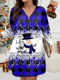 Women's Plus Size Curve Christmas Dress Casual Dress Winter Dress Plaid Snowman Mini Dress Long Sleeve Print V Neck Fashion Outdoor Yellow Wine Fall Winter L XL 2XL 3XL 4XL -Fashion Life Shop otwjtk1697799842975
