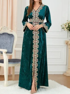 Women's Casual Dress Velvet Dress Swing Dress Long Dress Maxi Dress Lace Embroidered Outdoor Christmas Daily Fashion Elegant V Neck Long Sleeve 2023 Loose Fit Dark Green Color M L XL XXL Size -Fashion Life Shop otzqqx1695206514027