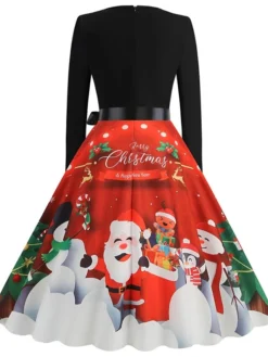 Women's Christmas Casual Dress Swing Dress Midi Dress Green Wine Light Red Fuchsia Red Long Sleeve Santa Claus Elk Bow Print Winter Fall V Neck Vacation Vintage 2022 S M L XL XXL 3XL -Fashion Life Shop oufgex1666761911850