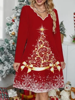 Women's Casual Dress Christmas Dress Winter Dress Christmas Tree Print Scalloped Neck Mini Dress Fashion Streetwear Outdoor Christmas Long Sleeve Regular Fit Wine Fall Winter S M L XL XXL