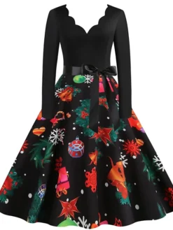 Women's Christmas Casual Dress Swing Dress Vintage Dress Midi Dress Black Wine Orange Long Sleeve Animal Bow Winter Fall Autumn V Neck 2022 S M L XL XXL 3XL -Fashion Life Shop oujgcs1666853155050