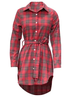 Women's Casual Dress Christmas Dress Shirt Dress Plaid Belted Asymmetrical Shirt Collar Mini Dress Fashion Streetwear Party Christmas Long Sleeve Regular Fit White Red Green Fall Winter S M L XL XXL -Fashion Life Shop ovgkbd1694500016462