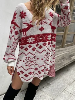 Women‘s Christmas Sweater Dress Jumper Dress Winter Dress Warm Geometric Tree Print Outdoor Christmas Casual Daily V Neck Long Sleeve 2023 Loose Fit White Wine Rusty Red S M L XL