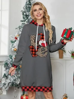 Women's Casual Dress Hoodie Dress Mini Dress Warm Fashion Outdoor Christmas Holiday Hoodie Print Santa Claus Christmas Tree Loose Fit Wine Red Burgundy S M L XL XXL
