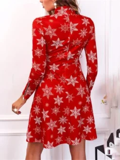 Women's Christmas Short Mini DressShort Mini Dress Red Long Sleeve Snowflake Print Fall Winter High Neck Party Casual Modern 2022 S M L XL XXL 3XL 4XL 5XL -Fashion Life Shop owmkco1663729456730
