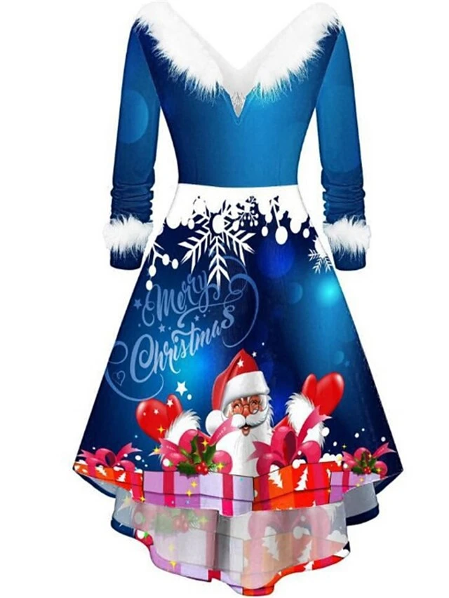 Women's Christmas Casual Dress Swing Dress Blue Wine Red White Long Sleeve Santa Claus SnowmanTree Feather Print Winter Fall V Neck Vintage ElegantFall Dress 2022 S M L XL XXL 2 Women's Christmas Casual Dress Swing Dress Blue Wine Red White Long Sleeve Santa Claus SnowmanTree Feather Print Winter Fall V Neck Vintage ElegantFall Dress 2022 S M L XL XXL - Image 2