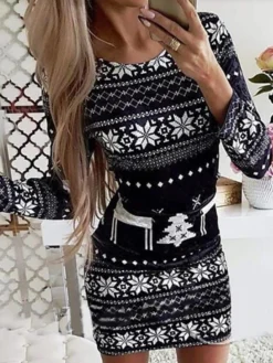 Women's Casual Dress Christmas Dress Sheath Dress Christmas Tree Snowflake Print Crew Neck Mini Dress Active Fashion Outdoor Christmas Long Sleeve Regular Fit Black White Red Fall S M L XL XXL