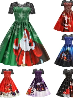 Women's Christmas Knee Length Dress Blue Purple Wine Green Black Red Short Sleeve Print Lace Print Fall Winter Round Neck CasualRegular Fit 2021 S M L XL XXL 3XL