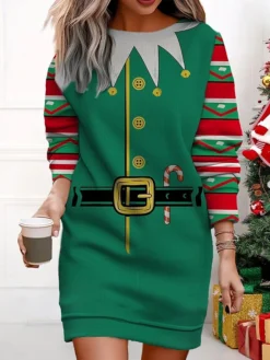 Women's Christmas Casual Dress Sweatshirt Dress Mini Dress Warm Fashion Outdoor Vacation Crew Neck Print Santa Claus Loose Fit ArmyGreen Light Green Wine S M L XL XXL -Fashion Life Shop oxpxjs1695377426954