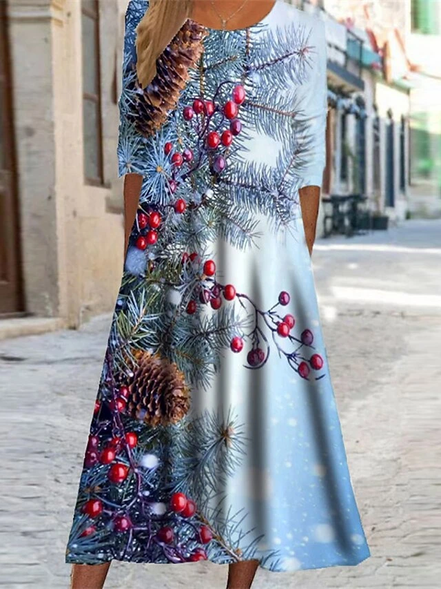 Women's Christmas Casual Dress Swing DressMidi Dress Royal Blue Navy Blue Light Blue Long Sleeve Elk Tree Pocket Print Fall Winter Round Neck Vacation Casual 2022 S M L XL XXL 3XL 2 Women's Christmas Casual Dress Swing DressMidi Dress Royal Blue Navy Blue Light Blue Long Sleeve Elk Tree Pocket Print Fall Winter Round Neck Vacation Casual 2022 S M L XL XXL 3XL - Image 2