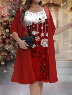 Women's Plus Size Curve Christmas Dress Casual Dress Dress Set Snowflake Midi Dress 3/4 Length Sleeve Print Crew Neck Fashion Outdoor Burgundy Fall Winter L XL 2XL 3XL 4XL