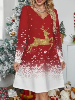 Women's Casual Dress Christmas Dress Winter Dress Reindeer Snowflake Print Scalloped Neck Mini Dress Fashion Streetwear Outdoor Christmas Long Sleeve Regular Fit Wine Fall Winter S M L XL XXL
