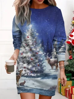 Women's Christmas Casual Dress Sweatshirt Dress Mini Dress Warm Fashion Outdoor Vacation Crew Neck Print Snowman Christmas Tree Loose Fit Black Red Royal Blue S M L XL XXL -Fashion Life Shop ozidry1695365298689