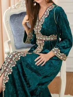Women's Casual Dress Velvet Dress Swing Dress Long Dress Maxi Dress Lace Embroidered Outdoor Christmas Daily Fashion Elegant V Neck Long Sleeve 2023 Loose Fit Dark Green Color M L XL XXL Size -Fashion Life Shop pacdlc1695206511065
