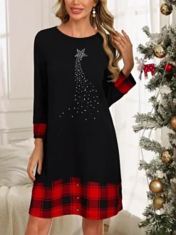 Women's Casual Dress Plaid Dress Winter Dress Heart Abstract Patchwork Button Crew Neck Midi Dress Active Fashion Outdoor Christmas Long Sleeve Loose Fit Black And White Black White Fall Winter S M L -Fashion Life Shop paochj1697191206485
