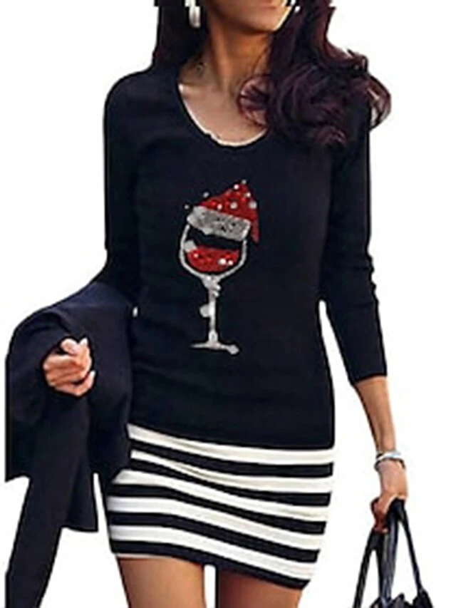Women's Christmas Casual DressMini Dress Blue Yellow Dark Gray White Black Long Sleeve Striped Print Hat Print Fall Winter Crew Neck Casual Mature Loose Fit 2022 S M 6 Women's Christmas Casual DressMini Dress Blue Yellow Dark Gray White Black Long Sleeve Striped Print Hat Print Fall Winter Crew Neck Casual Mature Loose Fit 2022 S M - Image 6