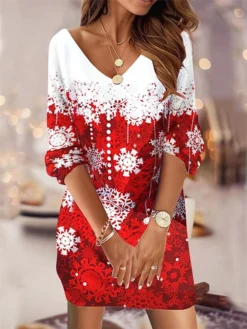 Women's Casual Dress Sweatshirt Dress Mini Dress Fashion Daily Outdoor Christmas Vacation V Neck Print Snowflake Loose Fit Red Blue Purple S M L XL XXL