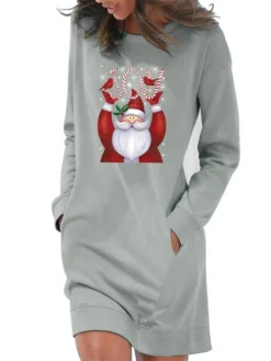 Women's Christmas Hoodie Dress Winter Dress Light Blue Grey White Long Sleeve Letter Santa Claus Pocket Print Winter Fall Crew Neck Stylish Casual Fall Dress Loose Fit 2022 S M L XL 2XL / Cotton -Fashion Life Shop pbkczi1665742313575