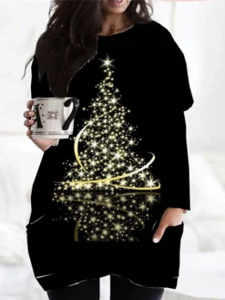 Women‘s Plus Size Christmas Dress Christmas Tree Long Sleeve Winter Fall Casual Festival Mini Dress Going Out Dress