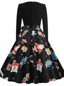 Women's Christmas Swing DressKnee Length Dress Black And White White Light Red Gold Red Long Sleeve Elk Snowman Bell Bow Print Fall Winter Round Neck Vintage Elegant 2022 S M L XL 2XL -Fashion Life Shop pcwqnp1663049824039