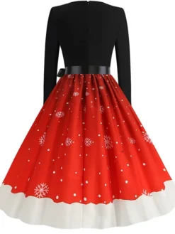 Women's Christmas Party Dress Knee Length Dress Purple Royal Blue Dark Blue Red Black Long Sleeve Elk Tree Bell Bow Print Fall Winter V Neck Vintage Elegant Party 2022 -Fashion Life Shop pdehkz1663151842284