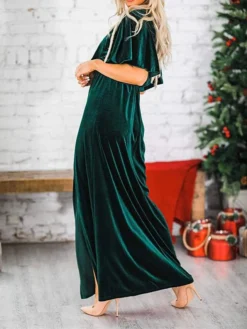 Women's Christmas Dress Casual Dress Velvet Dress Long Dress Maxi Dress Ruched Split Outdoor Christmas Daily Fashion Elegant Crew Neck Half Sleeve 2023 Loose Fit Black Wine Gold Color S M L XL Size -Fashion Life Shop pdhyfx1694089526552