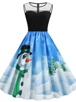 Women's Christmas Casual Dress Swing Dress Midi Dress Blue Royal Blue Dark Blue Light Blue Sleeveless Santa Claus Snowman Mesh Print Winter Fall Crew Neck Vacation Vintage 2022 S M L XL XXL -Fashion Life Shop pdwbkf1666597370888