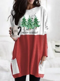 Women's Christmas Casual Dress T Shirt Dress Tee Dress Mini Dress Green Red Gray Long Sleeve Letter Tree Pocket Print Winter Fall Crew Neck Vacation Casual 2022 XXS XS S M L XL XXL 3XL 4XL