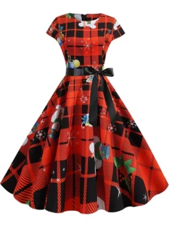 Women's Christmas Retro 1950s Vintage Dress Midi Dress Party Ruched Bow Snowman Crew Neck Short Sleeve Regular Fit Fall Winter 2023 Red S M L XL